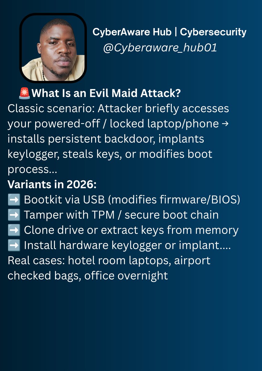 Dozie_101's tweet photo. "Evil Maid attacks: when someone touches your locked laptop for 5 mins → game over.
Bypasses encryption/MFA via boot tampering.
Rarely discussed. Very real for travelers.
Mitigate: Verified Boot + TPM + tamper seals.
#CyberSecurity #EvilMaid" https://t.co/7XElQUdQa6