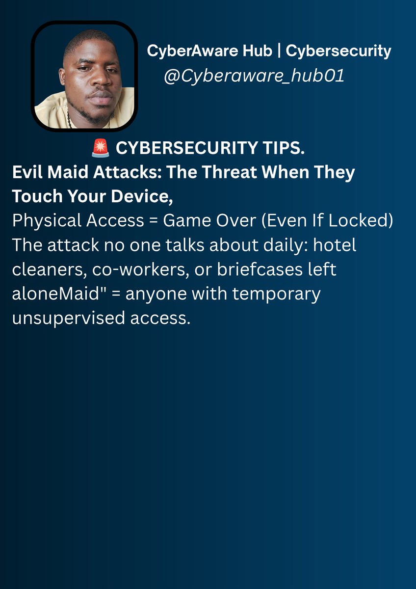 Dozie_101's tweet photo. "Evil Maid attacks: when someone touches your locked laptop for 5 mins → game over.
Bypasses encryption/MFA via boot tampering.
Rarely discussed. Very real for travelers.
Mitigate: Verified Boot + TPM + tamper seals.
#CyberSecurity #EvilMaid" https://t.co/7XElQUdQa6