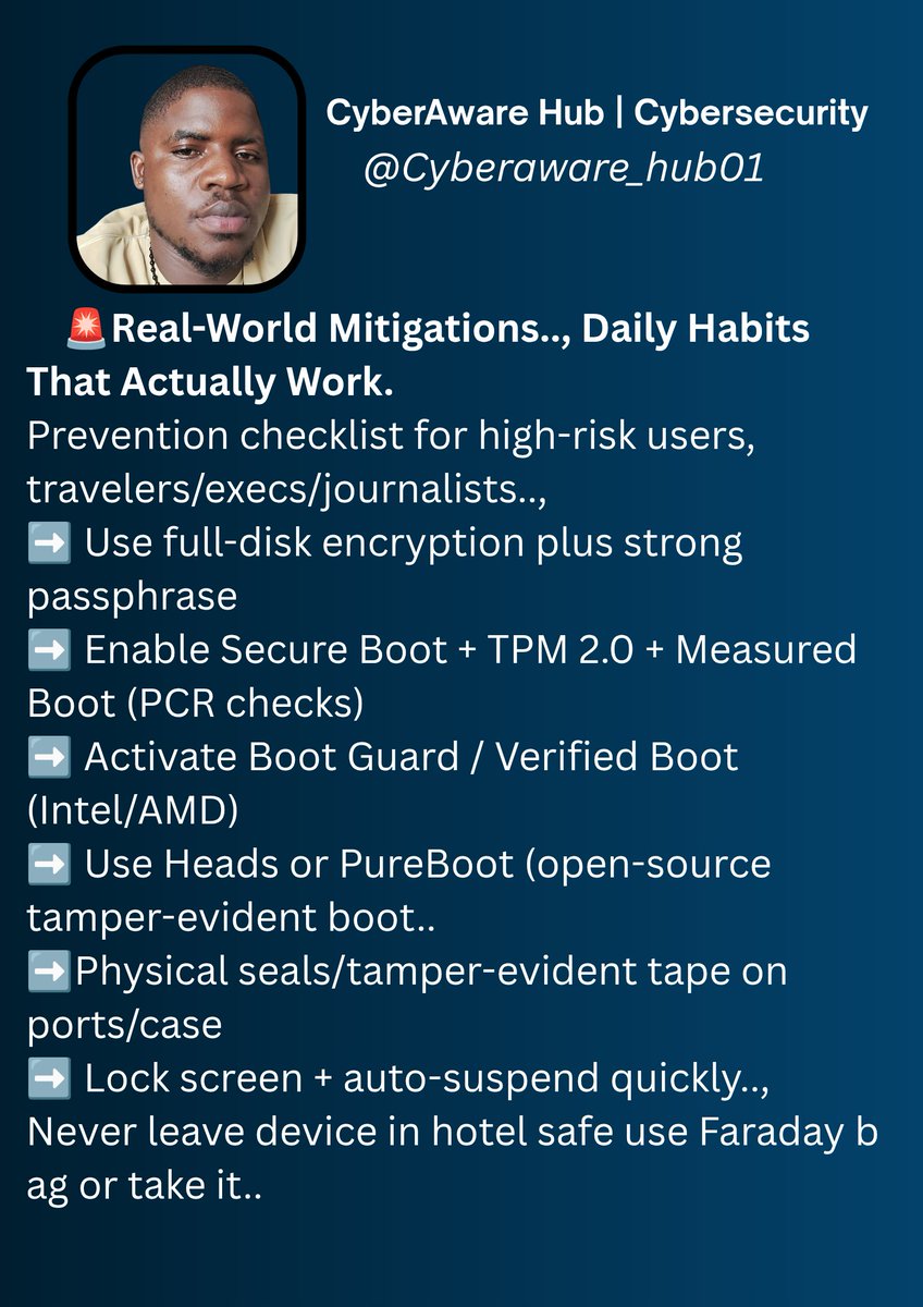 Dozie_101's tweet photo. "Evil Maid attacks: when someone touches your locked laptop for 5 mins → game over.
Bypasses encryption/MFA via boot tampering.
Rarely discussed. Very real for travelers.
Mitigate: Verified Boot + TPM + tamper seals.
#CyberSecurity #EvilMaid" https://t.co/7XElQUdQa6