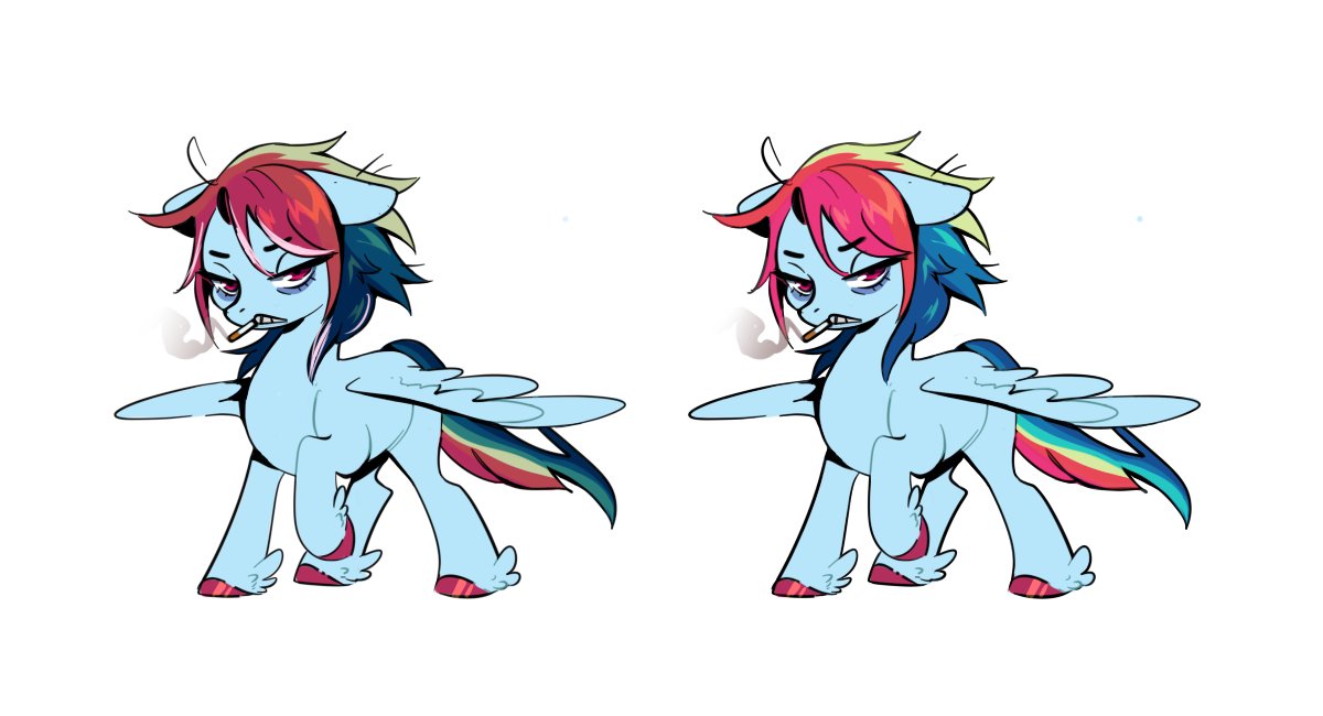 Revisando mi disco duro me encontré este dibujo de hace 3 años de Rainbow Dash, lo hice para un AU donde era algo así como los atletas que después caen en desgracia :P

#mylittlepony #pony #RainbowDash