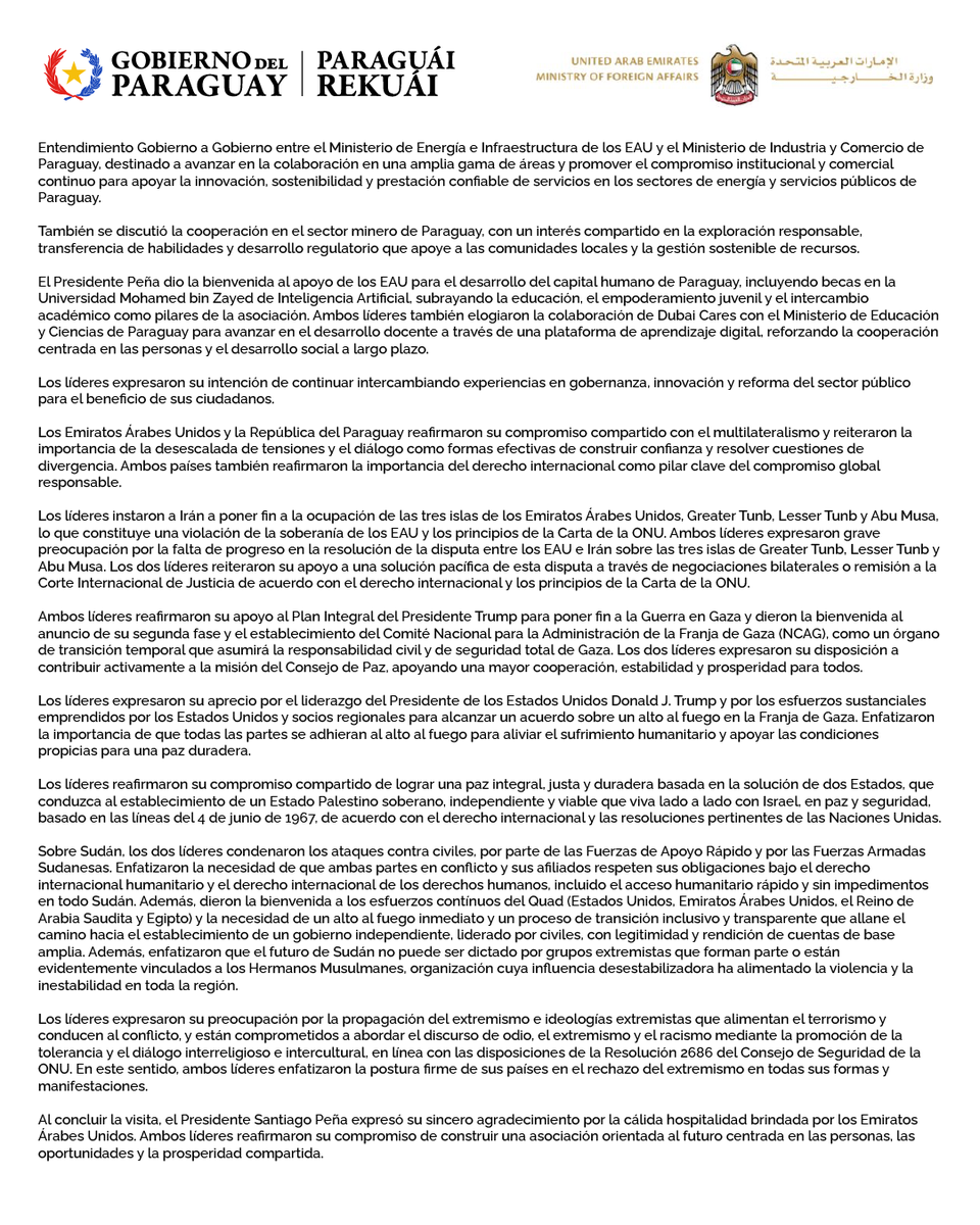 Declaración Conjunta de los Emiratos Árabes Unidos y la República del Paraguay en ocasión de la visita oficial del Presidente Santiago Peña Palacios del 2 al 5 de febrero de 2026, para participar de la Cumbre Mundial de Gobiernos junto a líderes de América Latina.