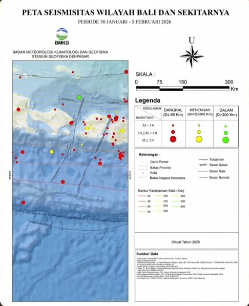 PostMKG's tweet photo. Aktivitas Gempabumi Wilayah BALI &amp; Sekitarnya :: Periode tanggal 30 Januari - 05 Februari 2026 :: Tercatat sebanyak "78" gempa, di antaranya terdapat "1" gempa dirasakan.
===
Mas Annadwi 
Parameter Sumber : BMKG Stasiun Geofisika Denpasar (DNP)
*** https://t.co/8yKxpHdIEz