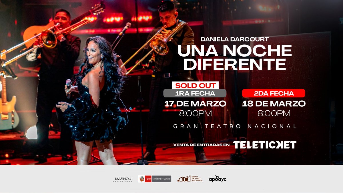 🚨 FAMILIA PRIMERA FECHA: SOLD OUT 🔥

La segunda está por agotarse 👀
Gracias por tanto amor.
¿Ya tienes tu entrada? 🎶👇
teleticket.com.pe/evento/una-noc…

#DanielaDarcourt #SoldOut #ÚltimasEntradas