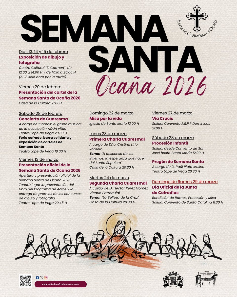 📣 Semana Santa Ocaña 2026

Cultura, fe y tradición se dan la mano en un programa lleno de momentos únicos que no te puedes perder.

🗓️ Consulta fechas y acompáñanos
📍 Ocaña

#SemanaSantaOcaña2026 #Ocaña #SemanaSanta #Cuaresma #Tradición #Cofradías #JuntaDeCofradías #FeYCultura