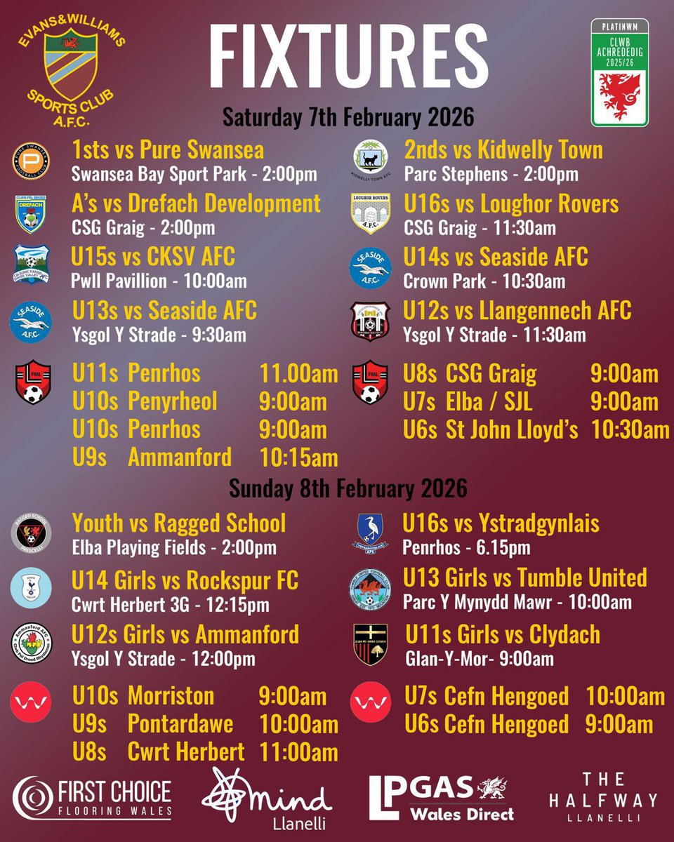 EvansWilliamsFC's tweet image. 𝙒𝙚𝙚𝙠𝙚𝙣𝙙 𝙁𝙞𝙭𝙩𝙪𝙧𝙚𝙨

This weekends fixtures.

Gemau’r penwythnos hwn.

#Albies