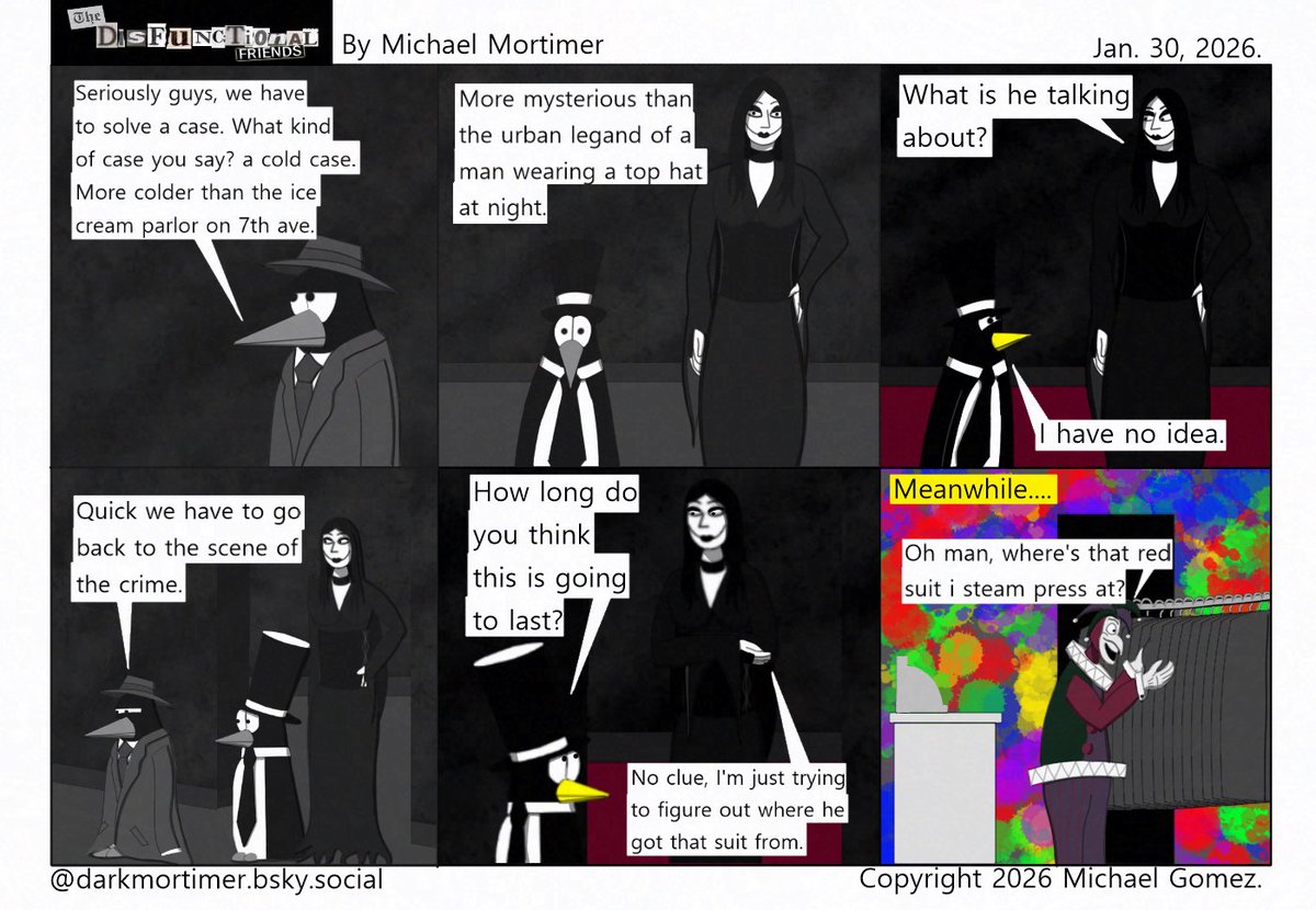 Case 1
Press Suit
#Art #Webcomics #Humor #Cats #Dogs #Birds #Penguins #PolarBears #InvisibleMan #Witches #Goth #TheDisfunctionalFriends
#SupportArtists #IndieComics #Patreon #February