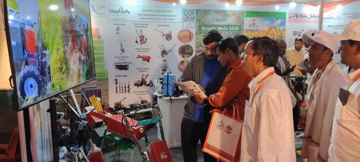 stepupify's tweet photo. Great response at #KrushiOdisha, Bhubaneswar 22-24 Jan,26! Farmers, including women farmers, showed strong interest in Stepupify’s solar &amp; battery-operated Power Weeder, Maize Sheller, Brush Cutter &amp; Sprayer—lightweight, easy to operate, low maintenance &amp; no fossil fuels. 🚜⚡ https://t.co/UgnFgYPAME