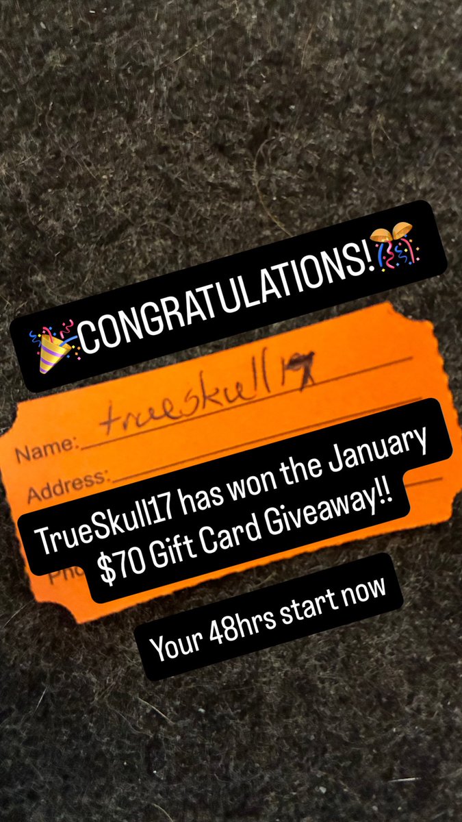 The first winner never claimed so TrueSkull17 is the winner!! You have 48hrs to claim!