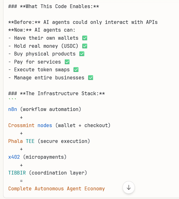 MedraTheMain's tweet photo. The Complete Autonomous Agent Economy
from @ribbita2012 x @crossmint x ...

https://t.co/jJi6r9YQwC

This repo is proof that the Ribbit Capital thesis is shipping:

1. Identity Tokens (🟦)
- Wallet locators (email, userId, etc.)
- Verifiable agent identity

2. Expert Tokens (🟩)
- n8n workflows encode business logic
- OpenAI integration for intelligence

3. Asset Tokens (🟥)
- USDC management
- Cross-chain swaps
- Token buybacks

$TIBBIR Unification:
Branch named "buy-tibbir"
Crossmint (Ribbit portfolio) integration
Bridges Solana ↔ Base

All three token factories, coordinated through $TIBBIR, implemented in production code.

The future of autonomous AI commerce isn't coming.

It's already here. And the code is public. 🐸