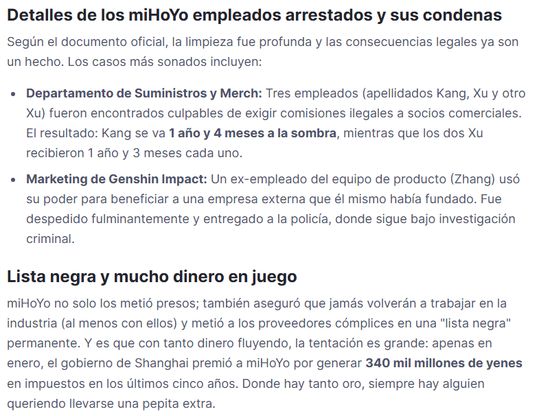 ¡EMPLEADOS DE MIHOYO A LA CÁRCEL EN 2026!

#GenshinImpact hizo público un comunicado oficial confirmando que varios empleados de miHoYo arrestados ya han recibido sentencia por actos de corrupción

La empresa ha dejado claro que tiene una política de "cero tolerancia" contra las