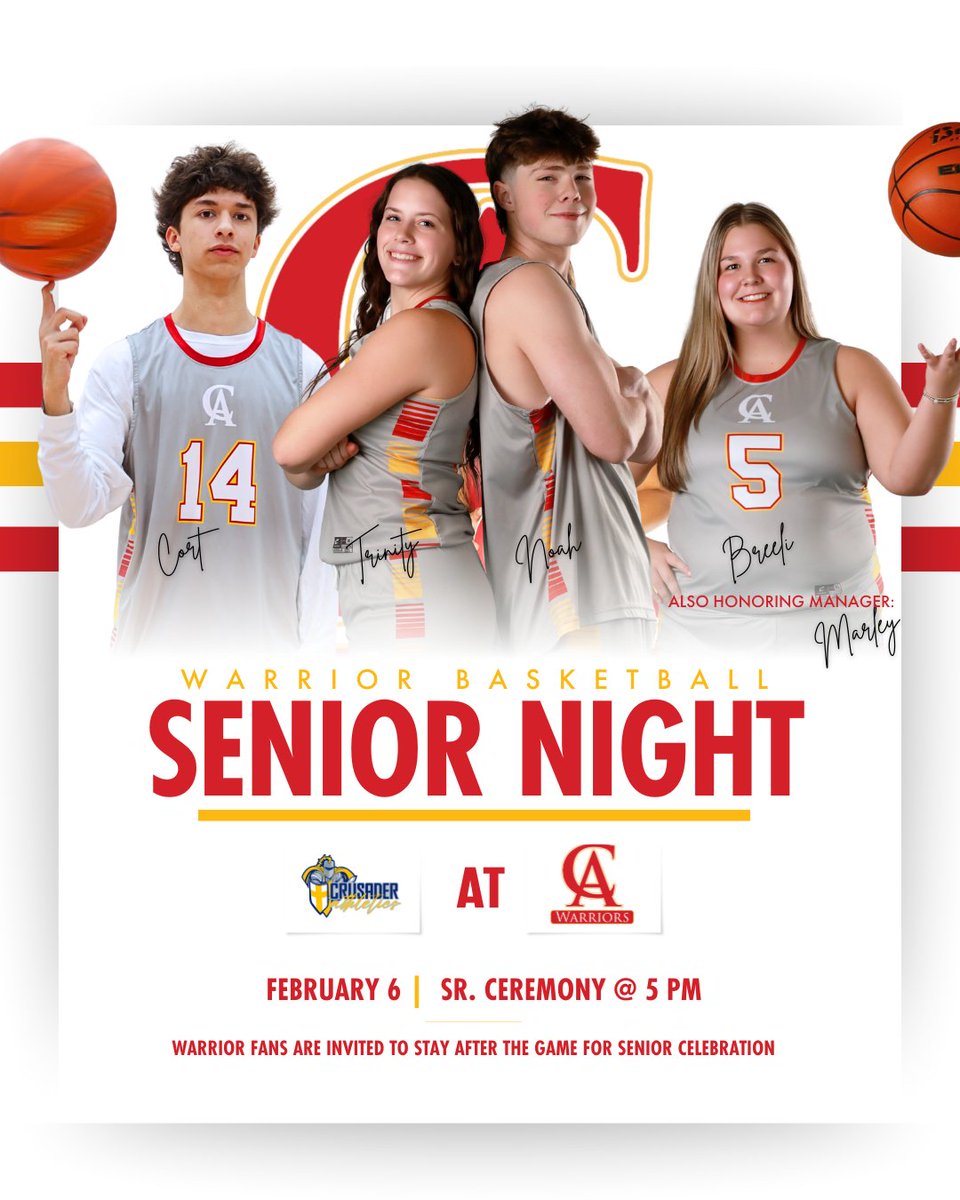 CAwarriors's tweet photo. IT’S SENIOR NIGHT! Join us at tonight’s home basketball games as we honor our senior student-athletes. The celebration starts at 5 p.m.

We’ll see you there, Warrior fans!
.
.
#CABasketball #CALadyWarriors #CAWarriors https://t.co/lvvrRvQMyC