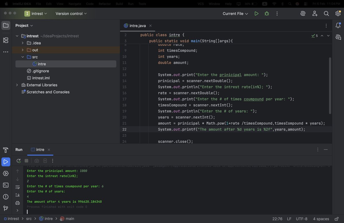 VikasJ627444's tweet image. DAY 06: #selflearn
*Today as usual attended the college
* after coming from college 
*learnt about how differently the printf statements are used in JAVA
*built a Compound intrest calculator program by using JAVA🫥