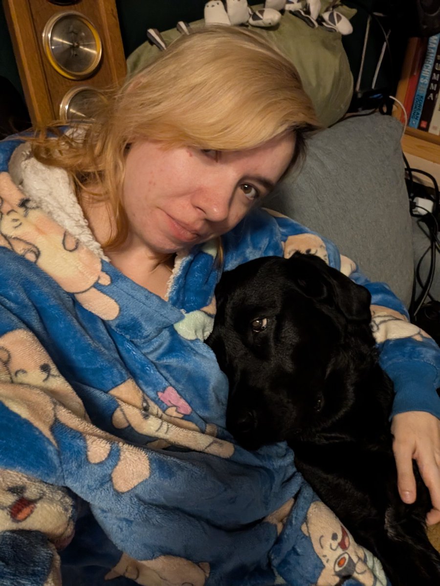 Hey peeps, no stream tonight.
Day 2 headache or baby migraine. Not 100% sure. Doesn't matter, I guess...
Getting rare snuggles from Joy.