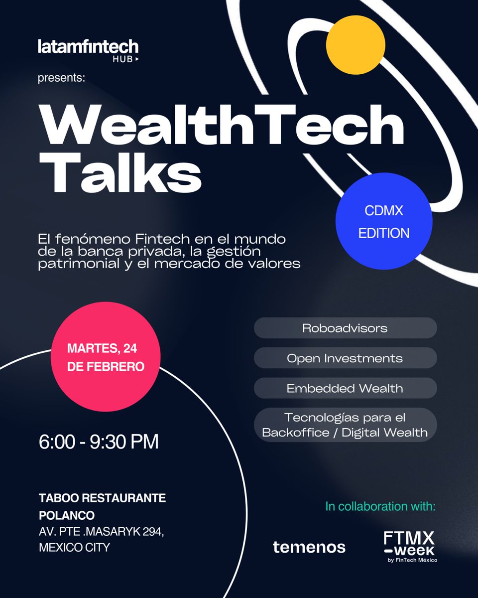 HaroldECarrasco's tweet photo. Si formas parte del mundo de la banca privada, la gestión patrimonial o el mercado de valores, esta es una conversación que no querrás perderte.

Llega WealthTech Talks [CDMX Edition], un encuentro diseñado para quienes están impulsando la evolución del Wealth en la … https://t.co/yUrBbl9jft