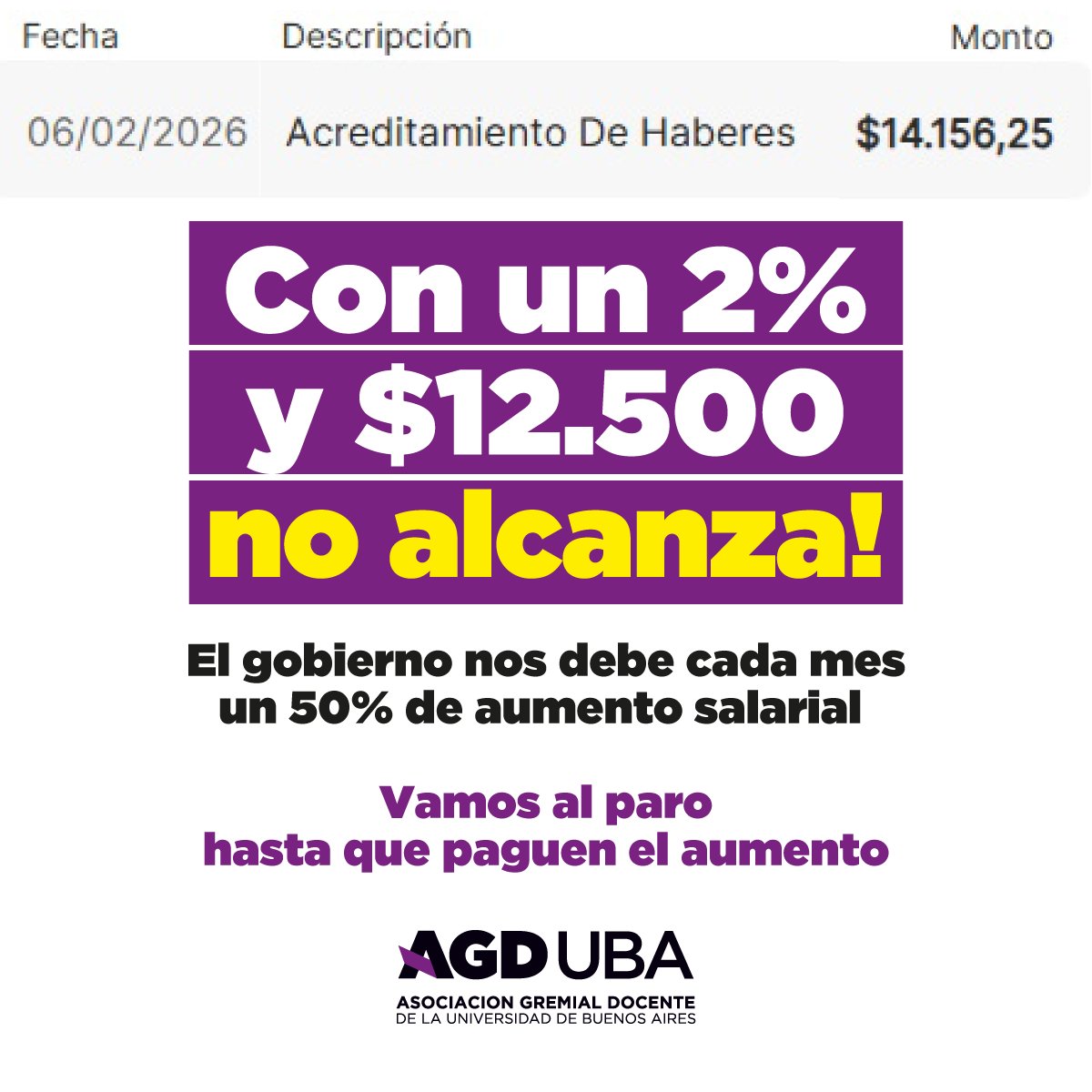Con un 2% y $12.500 no alcanza!
El gobierno nos debe cada mes un 50% de aumento salarial.
Vamos al paro hasta que paguen el aumento