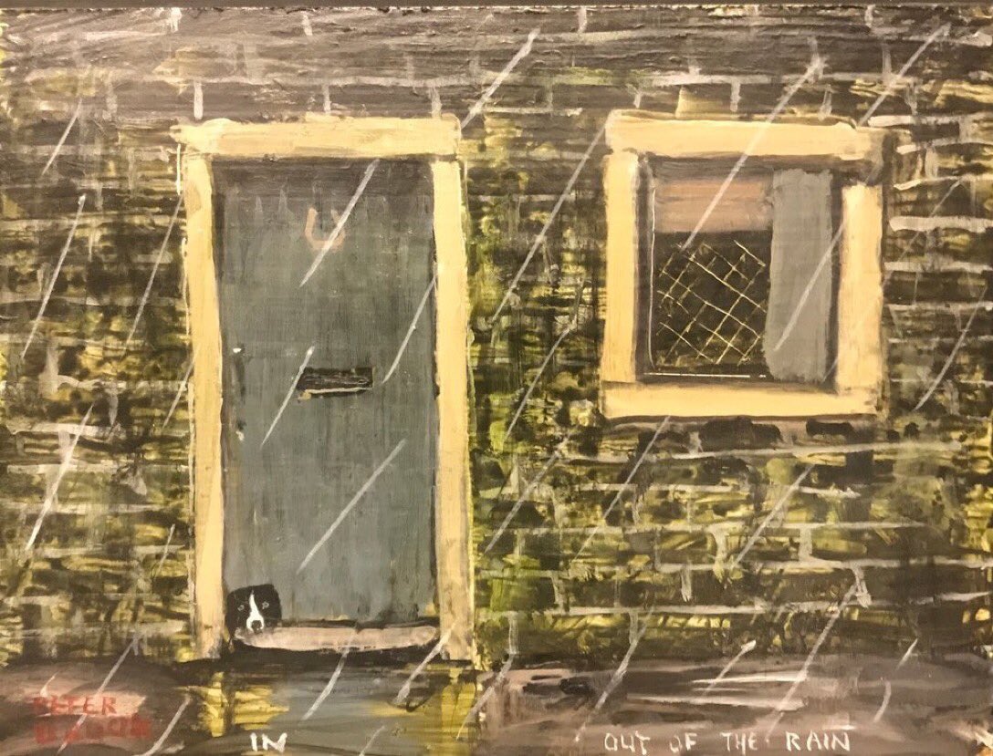What a wet week it’s been! Had to post ‘In - Out of the Rain’ from Peter Brook’s ever popular series of ‘peeping dogs’. The disconsolate collie steals the show, but the barn door with its letter box and lucky horse shoe is a study in itself. (From <a href="/ACArtGallery/">AC Gallery</a>’s 2020 Exhibition)