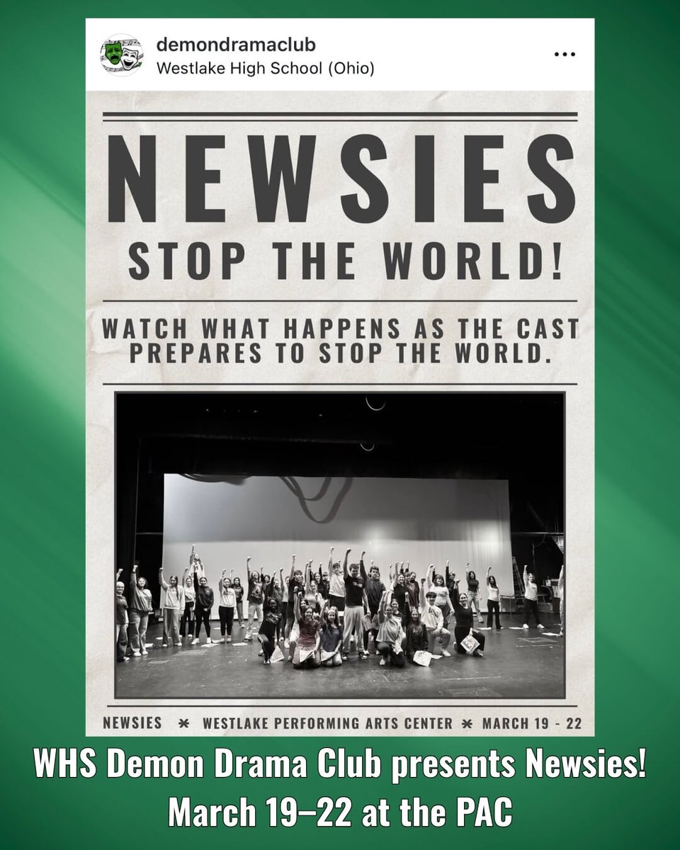NEW photos from 𝑵𝒆𝒘𝒔𝒊𝒆𝒔 rehearsals are posted on the Demon Drama Club IG! Go to instagram.com/p/DUbH8nFDQIq/
Be sure to mark your calendar for 𝑵𝒆𝒘𝒔𝒊𝒆𝒔 performances: March 19–22 at the Westlake Performing Arts Center!
