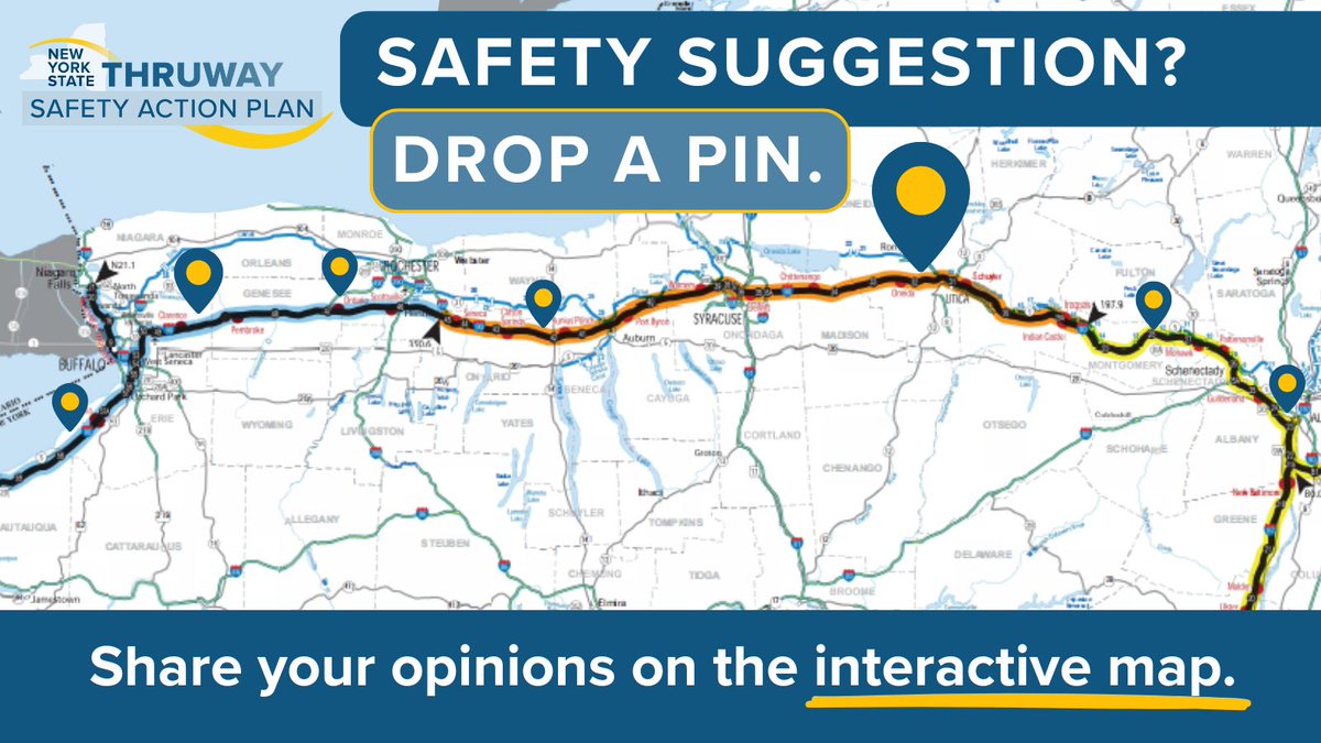 Have you noticed something on the NYS Thruway that needs attention?

📍 Drop a pin on our interactive map and share what you know.

 Your input helps guide safety improvements statewide.

🔗 thruwaysafety.org/share-your-tho…

#NYSThruway #TransportationSafety #SS4A #VisionZero