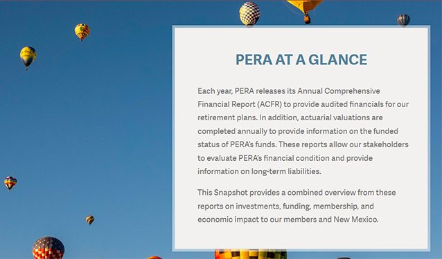 PERANEWMEXICO's tweet photo. PERA's 2025 At A Glance is live! It provides a snapshot of PERA's investments, funding, membership, and economic impact. Please visit https://t.co/ZyRhV8fc9S to learn more. https://t.co/MFfHBlcqQL