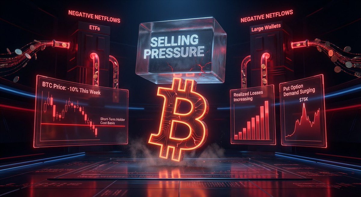 BTC TRADERS ARE PAYING FOR PROTECTION AT $75K

$BTC looks heavy. Dip buying near $70K is weak. Every bounce gets sold.

- Short-Term Holders are underwater. They are the sellers now.
- Institutional netflows flipped negative. Big money is distributing, not buying.
#BTC #Bitcoin