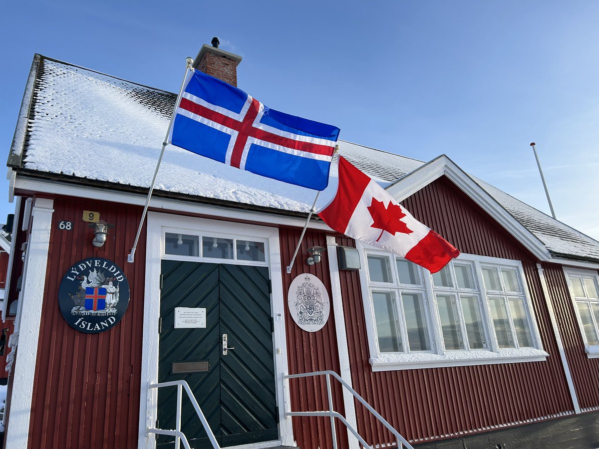 Canadian flag hoisted on new consulate in Nuuk 🇨🇦🇬🇱 along with the flag of Iceland (Canada is sharing its consulate space in Greenland with Iceland)
