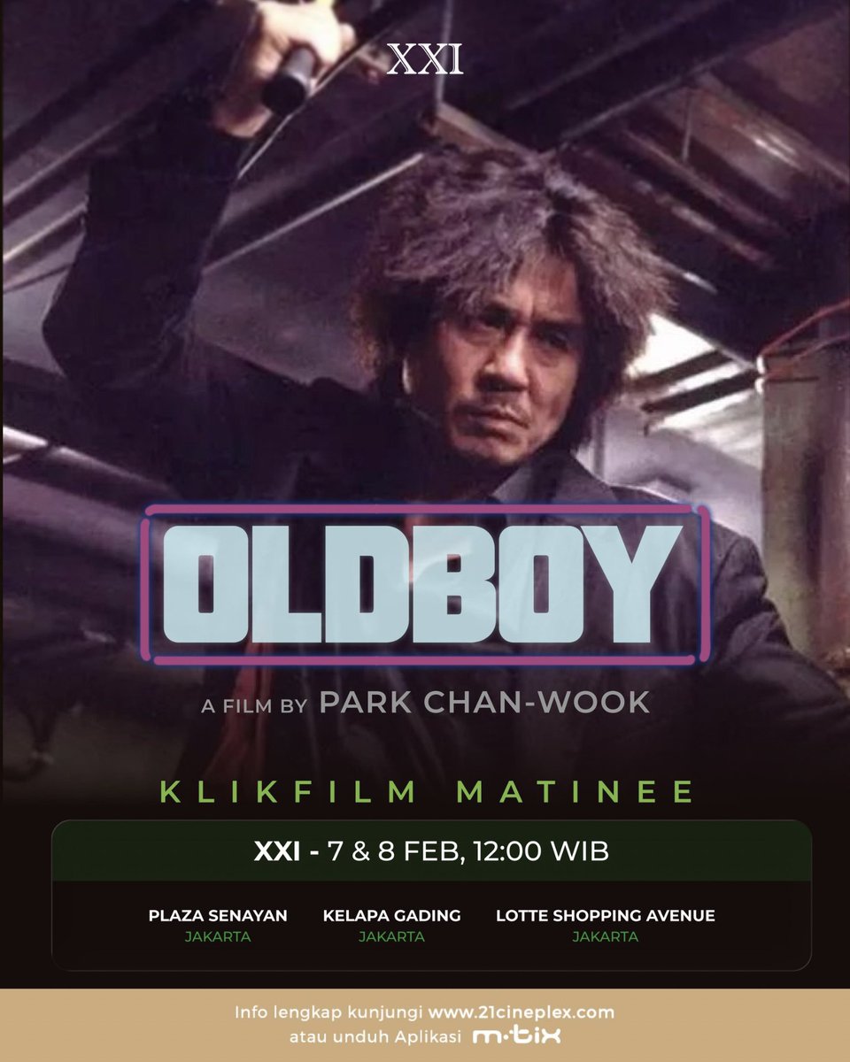 KlikFilm's tweet image. .@cinema21 has finally joined the club!

Siapa yang udah ga sabar pengen merasakan aksi Choi Min-sik di layar bioskop?
KLIKFILM MATINEE - OLDBOY kini juga hadir di Cinema XXI!

#KlikFilmMatinee #aKlikFilmRelease #WorldCinema #Oldboy