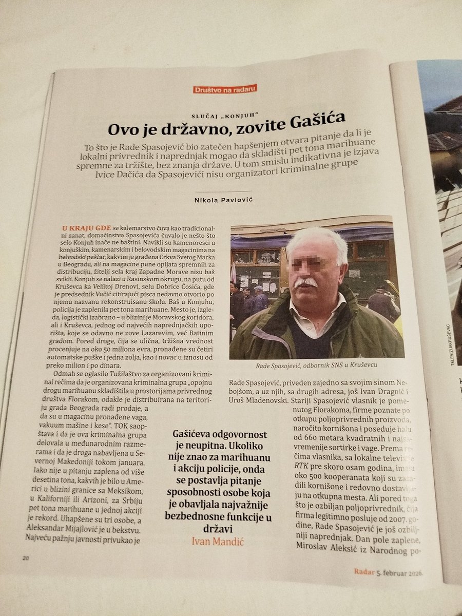 Ljudi, citajte "Radar", 5.februar 2026, strana 20. Da saznate cije su pet tona marihuane u Konjuhu kod Krusevca.