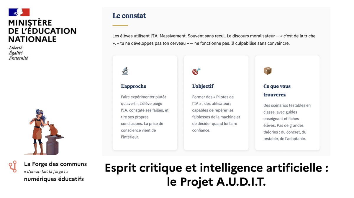 🧑‍💻 #IA | #EspritCritique

🔷 Comment sensibiliser les élèves aux failles de l’IA ? Sur La Forge des Communs numériques, le #ProjetAUDIT propose 5 séquences pour leur permettre d’appréhender par eux-mêmes les biais de cet outil :

👉 …-enseignement.forge.apps.education.fr/audit-ia/index…