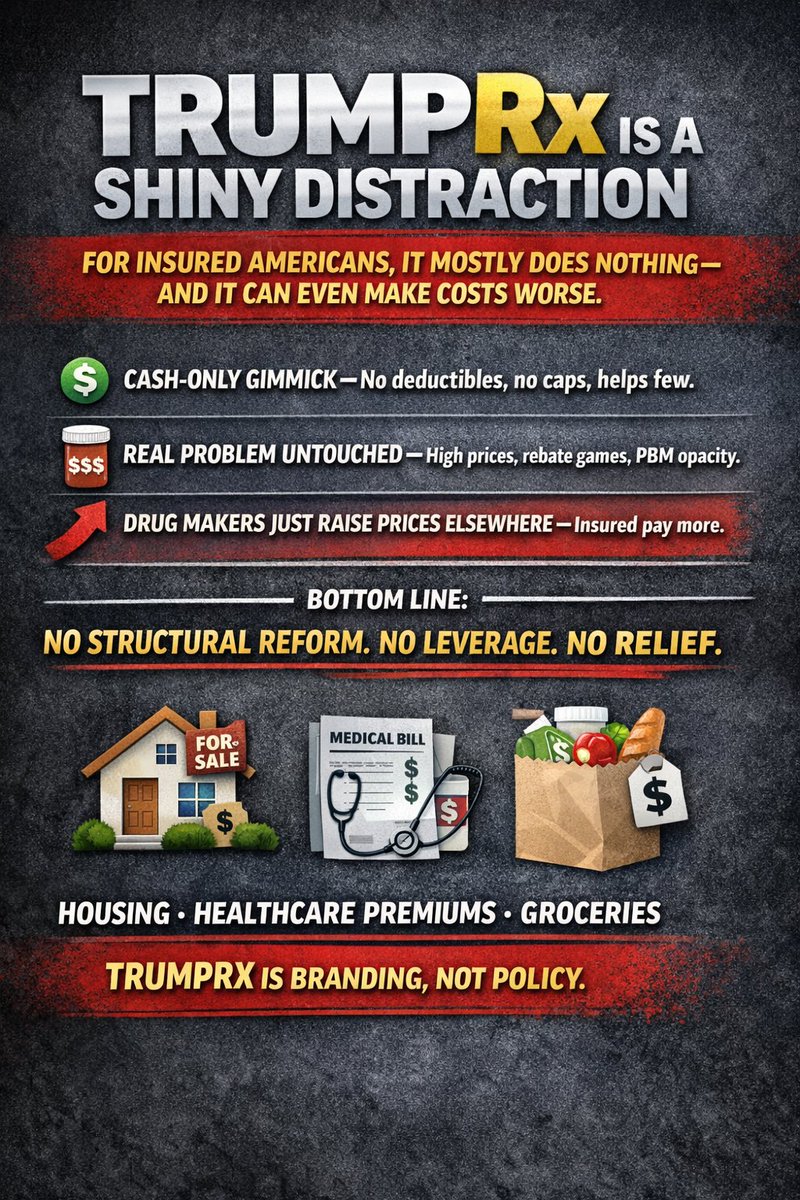 SkylineReport's tweet photo. TrumpRx is a shiny distraction. For insured Americans, it mostly does nothing — and it can even make costs worse.

It’s a cash-only gimmick that bypasses insurance, doesn’t count toward deductibles or out-of-pocket caps, and helps only a narrow slice of people. Meanwhile, it leaves the real problem untouched: high list prices, rebate games, and PBM opacity. Selective discounts in one channel just give drug companies cover to raise prices elsewhere, which hits insured patients through higher premiums and cost-sharing [1][2][3][4].

Bottom line: no structural reform, no leverage, no relief for most families. Just Trump slapping his name on “healthcare” while real affordability crises — housing, healthcare premiums, groceries — keep getting worse. TrumpRx is branding, not policy [5][6].

Citations

[1] STAT News — Feb. 5, 2026  
"TrumpRx promises drug savings. Experts say insured patients may see little benefit."  
https://t.co/qlmFPrNX35

[2] PharmaSource Global — 2026  
"TrumpRx launches: Will a direct-to-consumer platform actually lower drug costs?"  
https://t.co/GudOkRUfq6

[3] Dusetzina, S. et al. — 2023  
"Association of rebate structures, list prices, and patient out-of-pocket costs in U.S. drug markets."  
PubMed Central  
https://t.co/m5vckMwAXx

[4] Sood, N. et al. — 2023  
"Manufacturer discounts, list-price inflation, and cost shifting in prescription drugs."  
PubMed Central  
https://t.co/aPlIwEVpsF

[5] Bipartisan Policy Center — 2026  
"What TrumpRx means for pharmacies, insurers, and plan sponsors."  
https://t.co/cHgu7PRYKQ

[6] Leonard Davis Institute of Health Economics, University of Pennsylvania — 2025  
"Unpacking the federal drug-price reduction struggle."  
https://t.co/PduIJ0YxMe