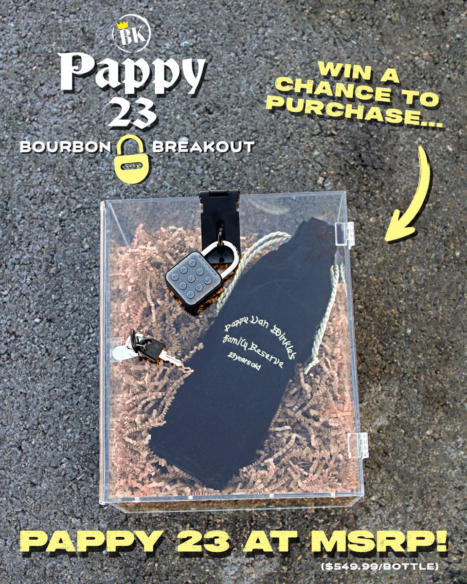 PAPPY 23 BOURBON BREAKOUT🥃🔐

We're locking up a bottle of Pappy Van Winkle 23 at one of our BK locations. As followers grow on IG, we'll  drop clues + digits to the 6-digit code. 

One in-store attempt per day between 11am-7pm. Crack the code, buy at MSRP ($549.99)!😏

#pappy23