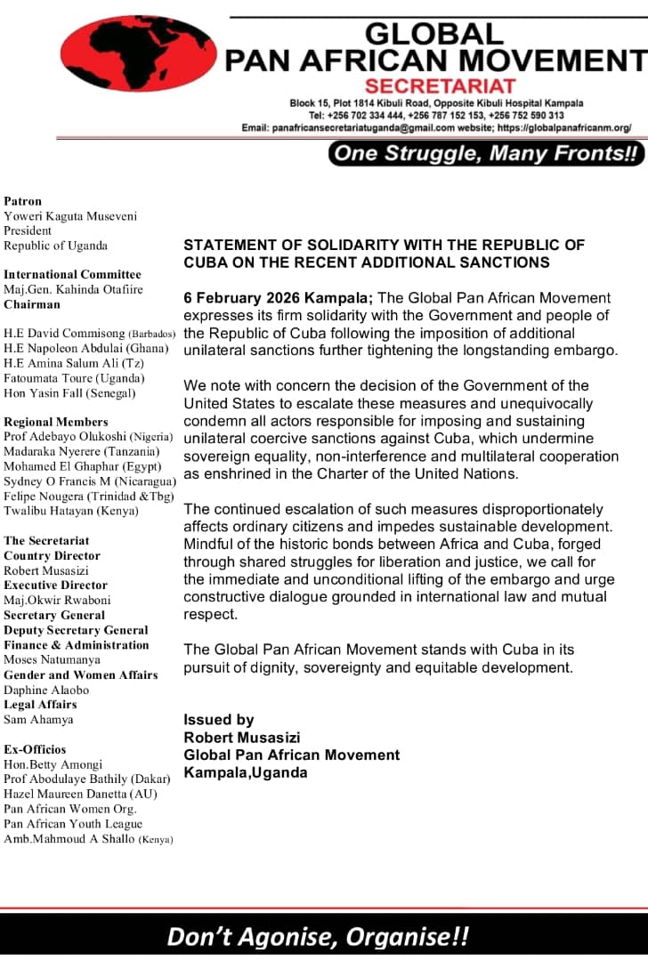 🌍El Movimiento Panafricano Global manifiesta su más firme solidaridad con el Gobierno y el pueblo de #Cuba 🇨🇺, tras la imposición de sanciones unilaterales adicionales de EEUU que recrudecen el prolongado bloqueo 🆚la nación caribeña.

shorturl.at/P73Su