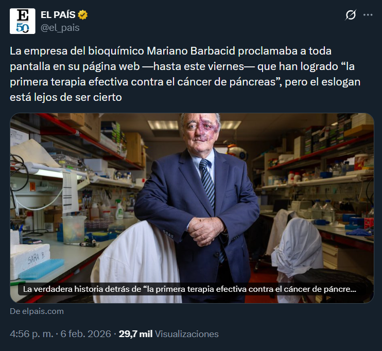 Le están metiendo mierda al científico que ha dado un paso enorme para curar el cáncer de páncreas porque pertenece a una fundación privada, critica sin tapujos la falta de financiación pública y no descarto que por ir al Hormiguero.

Son unos hijos de puta, es que no hay más.