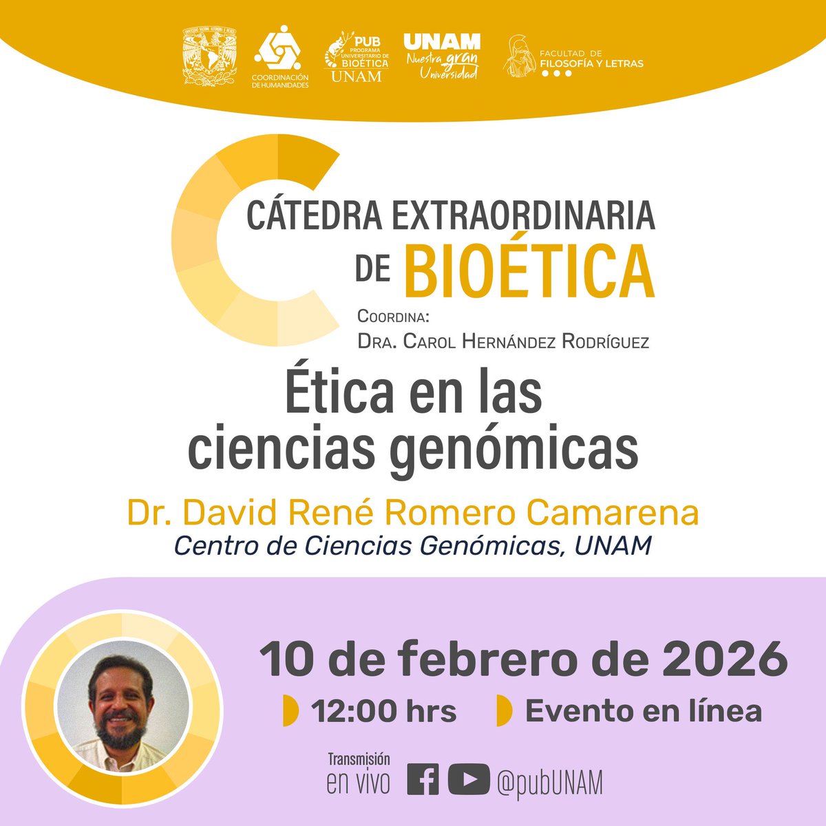 bioeticaunam's tweet photo. ¿Qué responsabilidades éticas acompañan el desarrollo de las ciencias genómicas?
Te esperamos en la próxima sesión de la Cátedra Extraordinaria de Bioética, presenta el Dr. David René Romero Camarena, del Centro de Ciencias Genómicas, UNAM. https://t.co/45ZVj7cdPk