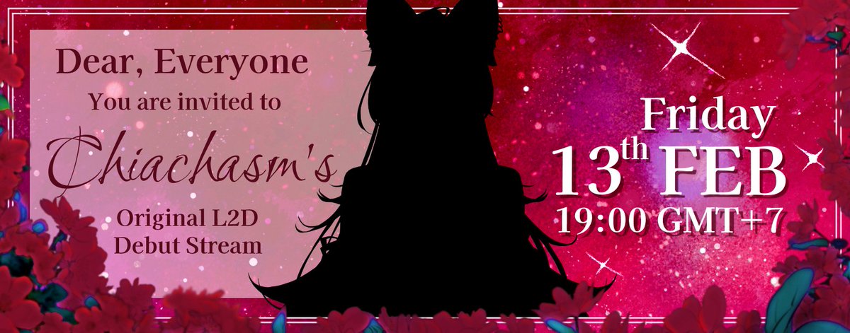✦ Chiachasm's L2D Debut Invitation✦  

Hi everyone! Would you like to visit the chasm?  

✦ Friday 13th 2026 
✦ 19.00 GMT+7 
✦ youtube.com/live/JiisnNZUB…

I'd be happy to welcome you, and likewise, i hope you'd welcome me as well~♡ 

#chiachasm #watcchia