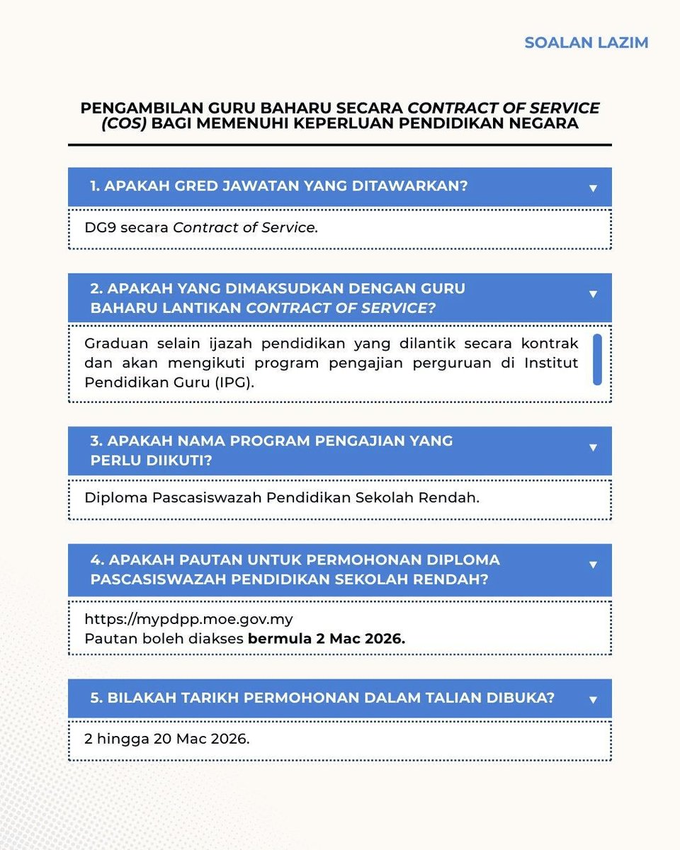 ecentralmy's tweet photo. Takde ijazah pendidikan pun BOLEH jadi cikgu!

20,000 jawatan kosong pengambilan guru KPM 2026 akan dibuka 2 - 20 Mac 2026 untuk lepasan degree bukan pendidikan.

Jawatan: Pegawai Perkhidmatan Pendidikan Gred DG9 (Contract of Service)
Gaji permulaan: RM2,360 sebulan https://t.co/iRlhGHuEXc