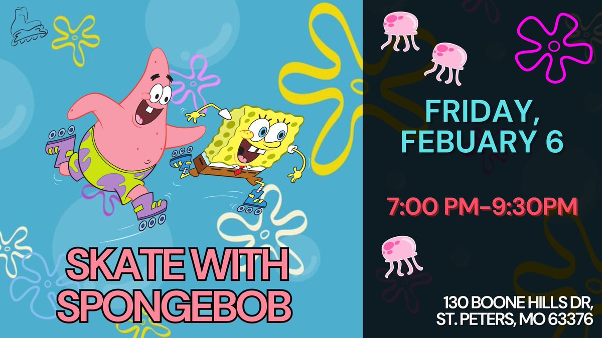 Who lives in a pineapple under the sea? 🍍
Not us! But the sponge who does is coming up to breathe some air at Great Skate 🛼 

TONIGHT February 6th | 7:00pm-9:30pm

#GreatSkate #RollerRink #SkateWithUs #RollerSkate #Skate #StPetersMO #STL #ThingstodoinSTL