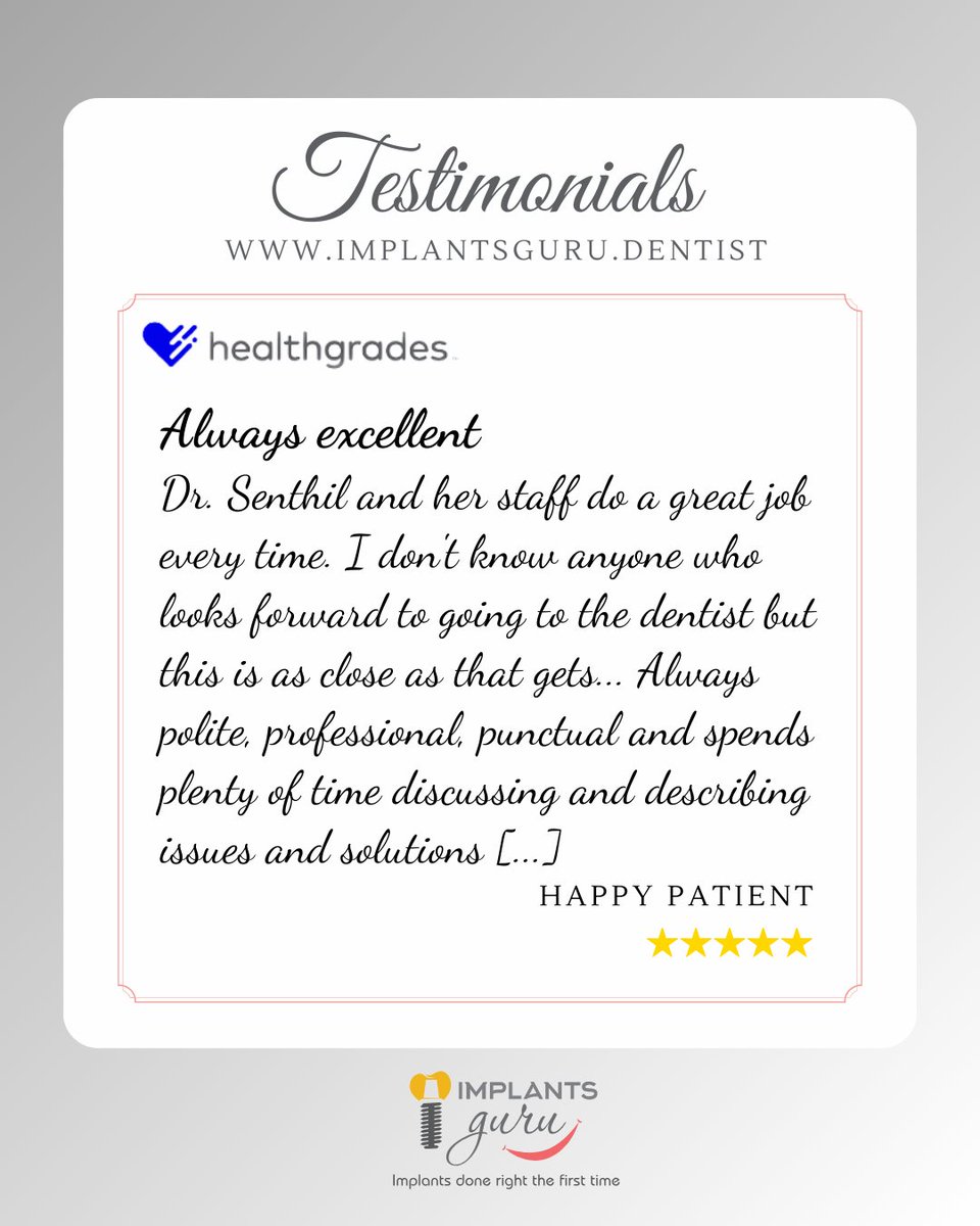 ImplantsGuru's tweet image. Happy Patient Review!

A Glowing 🌟 Review ✍️ on Healthgrades!

⭐ ⭐ ⭐ ⭐ ⭐

Source 🌐 : healthgrades.com/physician/dr-k…

#review #reviews #healthgrades