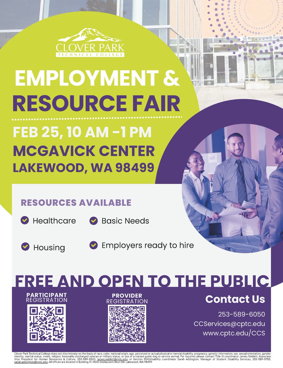 Looking for a job or community resources? Come to the Employment &amp; Resource Fair at Clover Park Technical College!

📅 February 25
🕙 10 AM – 1 PM
📍 McGavick Center, 

This event is FREE and open to the public!
👉 Learn more at cptc.edu/CCS