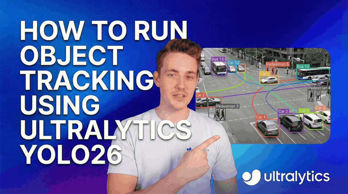 ultralytics's tweet photo. New tutorial | Multi-object tracking with Ultralytics YOLO26 🎯

Use built-in BoT-SORT &amp; ByteTrack, understand track vs predict mode, and run real-time tracking on video.

Watch here ➡️ https://t.co/ju1FBWmSOu

#YOLO26 #Ultralytics #ObjectTracking #ComputerVision https://t.co/721RQ4SiOm
