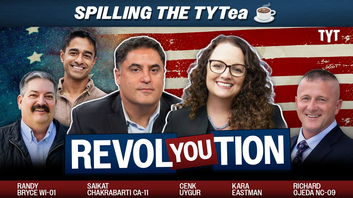 RevolYOUtion's tweet photo. What’s a candidate’s favorite cheese? Worst habit? Guilty pleasure? Tonight! @cenkuygur and @_karaeastman  ask the questions voters actually want answered on Spilling the TYTea ☕️ No spin. Just tea. 

Feb 6. 2026 at 8pm ET on @TheYoungTurks. 
@saikatc @ojedafornc @IronStache https://t.co/w0TdxpeXbu