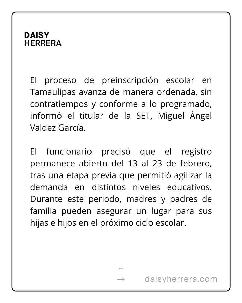 #ElPuntoEs 🔴 La SET confirmó que el proceso de preinscripción escolar avanza conforme al calendario oficial. Aunque algunos planteles ya alcanzaron su capacidad máxima.

ℹ️Información de Alan Morales/Josué Escamilla

#Tamaulipas #Reynosa #Matamoros #NuevoLaredo #CdVictoria