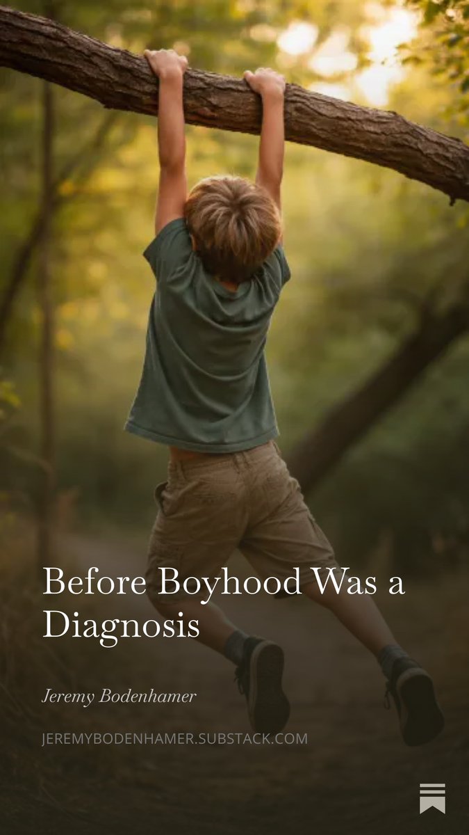 We’re told this is progress. That naming everything is kindness. That awareness is healing.

But watch what actually happens: the boy disappears, and the label takes his place.

He becomes what he’s named—
not strong,
not capable,
not a future man.

jeremybodenhamer.substack.com/p/before-boyho…