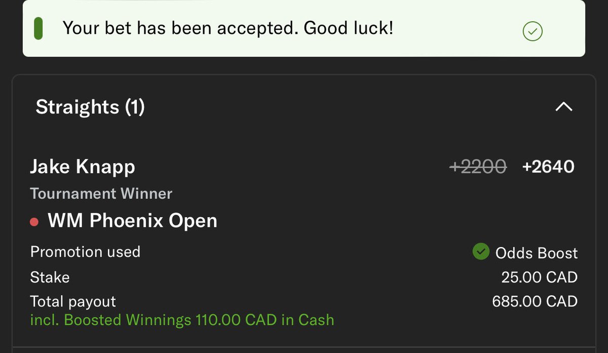 Jake Knapp Phoenix Open winner +2640

I will take Jake Knapp to win the tournament all year long until he finally cashes me out, too good of a player to not take at least one home this year and hes simply one of my favourite ever. This is a love hate relationship ❤️