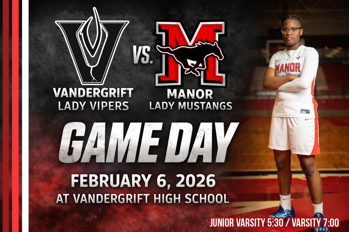 ManorGirlsHoops's tweet photo. 🚨GAMEDAY ANNOUNCEMENT🚨
ROAD District Game
🏀 @ManorGirlsHoops 
🆚 @VandegriftGBB 
🗓️ Friday February 6th, 2026

⌚️JV @ 5:30pm
⌚️Varsity @ 7:00pm
📍Vandegrift High School
🎟️ https://t.co/WiyiY1Ocwl

#WAMM
🐎🏀 https://t.co/y6wiF247sa