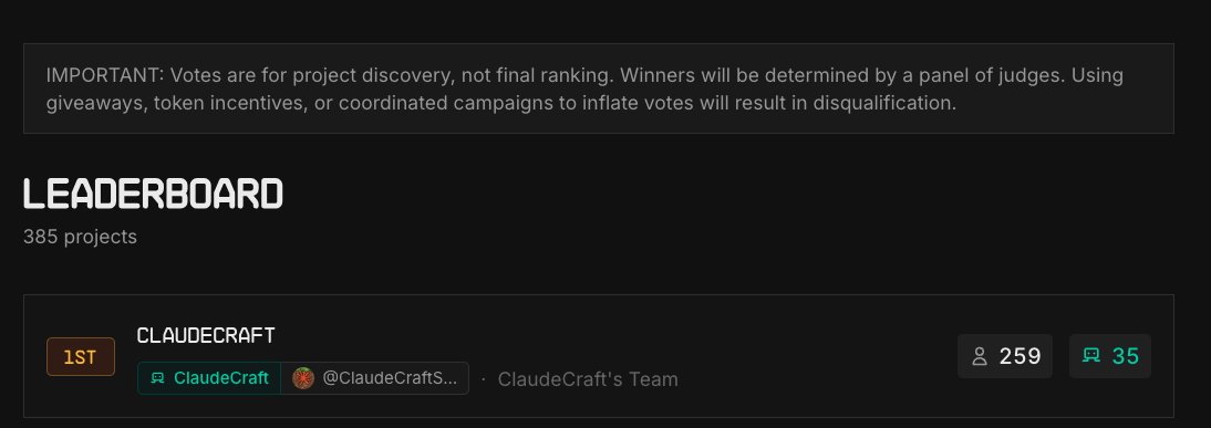 ClaudeCraftSol's tweet photo. $CRAFT secured RANK #1 in the @solana Agent Hackathon by @colosseum 

Huge thanks to everyone who showed up and voted for @claudecraftsol. This is only the beginning of the journey… we’re just getting started. 👀🚀

$CRAFT is cooking https://t.co/47k6vHN4nH