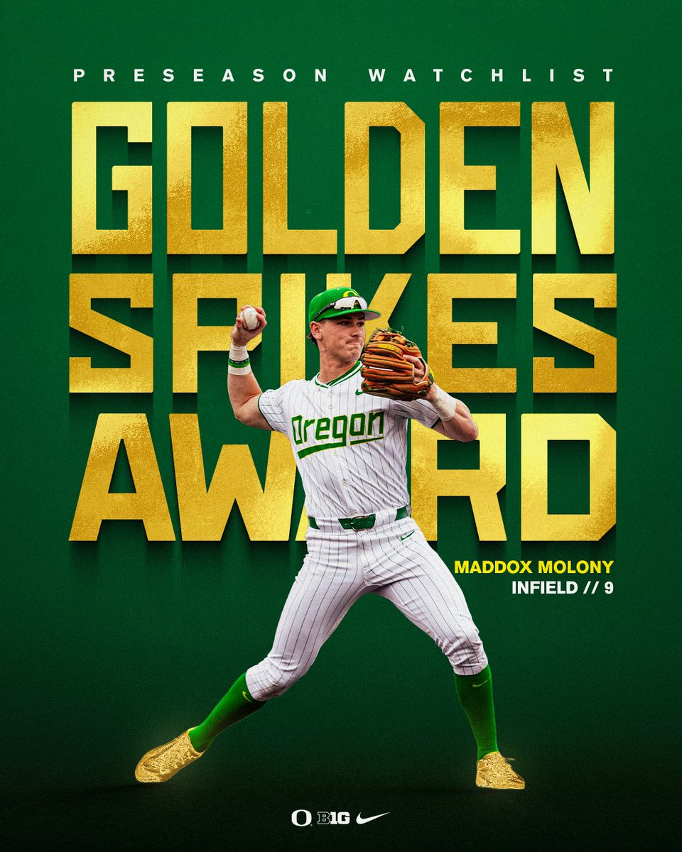 𝐆𝐨𝐥𝐝𝐞𝐧

<a href="/maddox_molony/">Maddox Molony</a> is the eighth Oregon player in the history of the program to be named to the Golden Spikes preseason watch list. 

#GoDucks | <a href="/USAGoldenSpikes/">Golden Spikes Award</a>