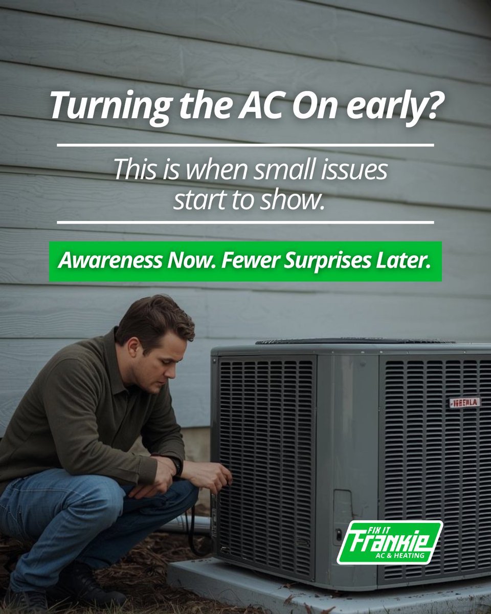 frankiecanfixit's tweet photo. Many homeowners test their AC before spring fully arrives. That’s a smart move.
Early use helps reveal small issues while there’s still time to handle them calmly.
#HVACAwareness #HomeComfort #FixItFirst https://t.co/LPEkFKseD0