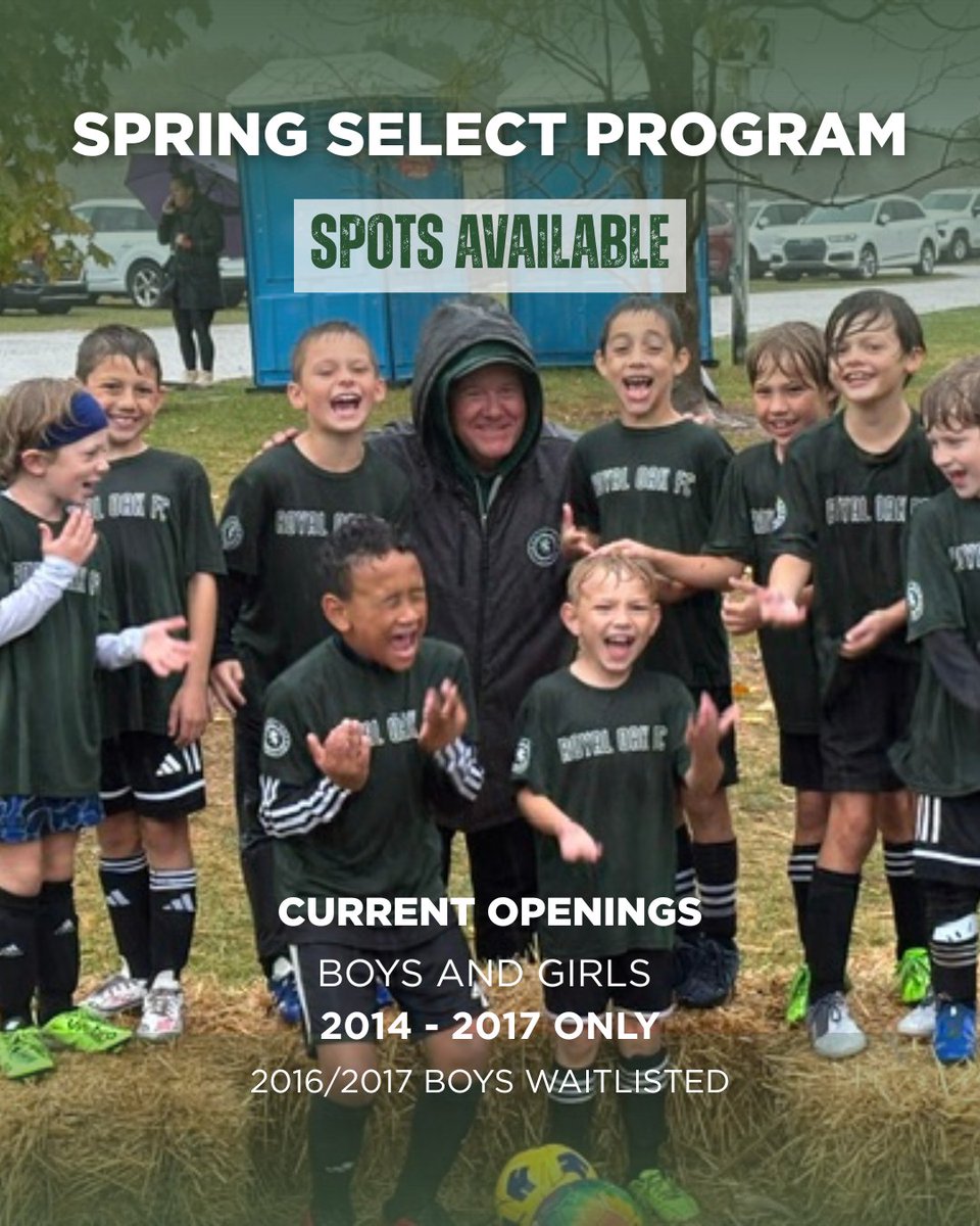 Our Spring Select program is a great bridge between our Rec and Premier programs! Professional coaching, Premier competition, Memorial Day tournament, all while staying with your rec team.

Boys &amp; girls 2014–2017. Spots are filling fast.

Register: royaloakfc.com/page/show/9096…