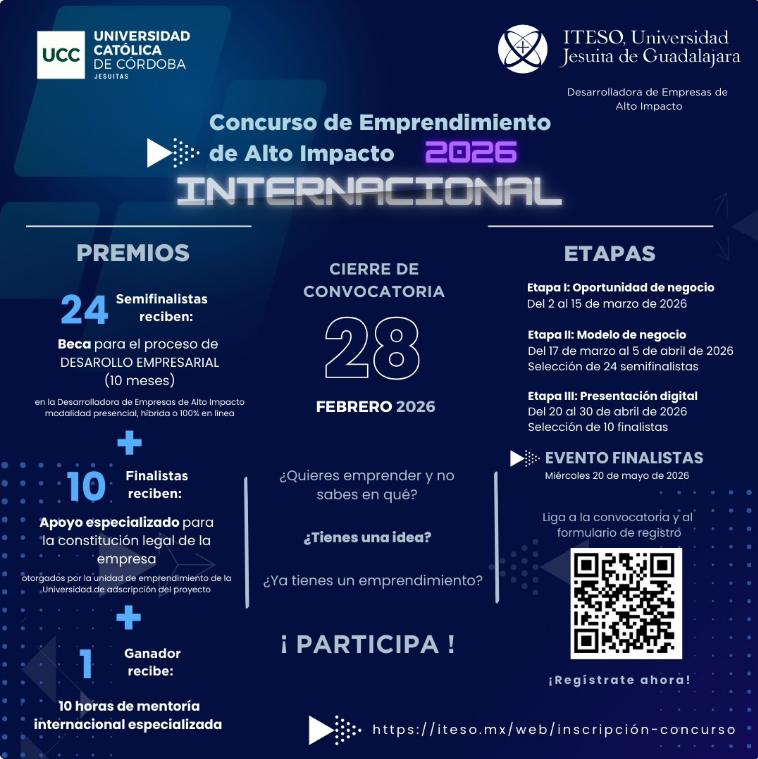 ¿Tenés una idea o un emprendimiento?
Llega el primer Concurso de Emprendimiento de Alto Impacto a la UCC. Desde #IGNA, nuestro Centro de Emprendedorismo e Innovación, junto con <a href="/ITESO/">ITESO</a>, te proponemos mentoreo internacional, conexión y premios para impulsar tu proyecto.
🌍Es un