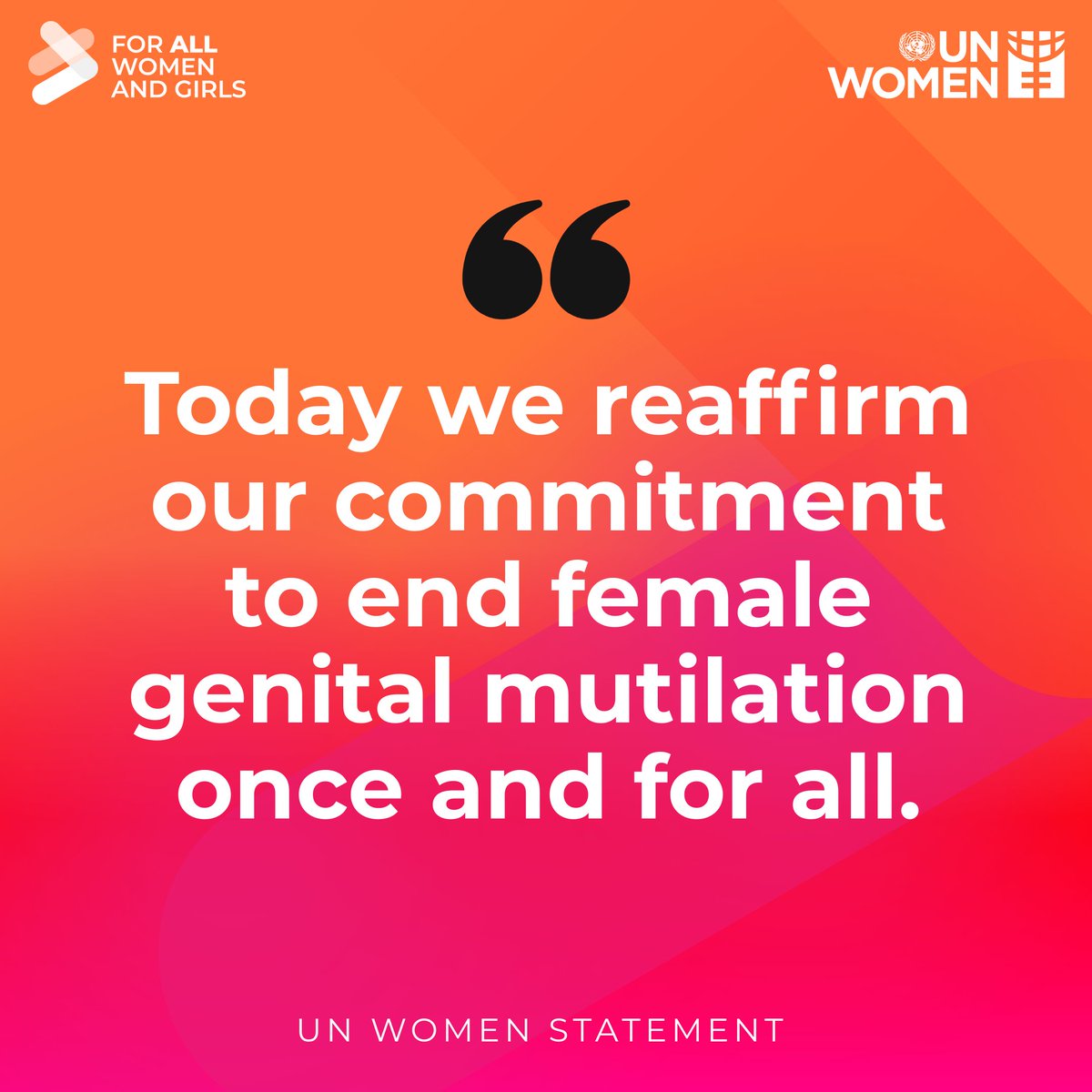 Female genital mutilation (FGM) is a human rights violation.

To #EndFGM, we need sustained action, investment, and support for survivors, alongside efforts to prevent the practice once and for all.

🔗 Our joint statement: unwo.men/6Gfv50Ya7p4

#ForAllWomenAndGirls